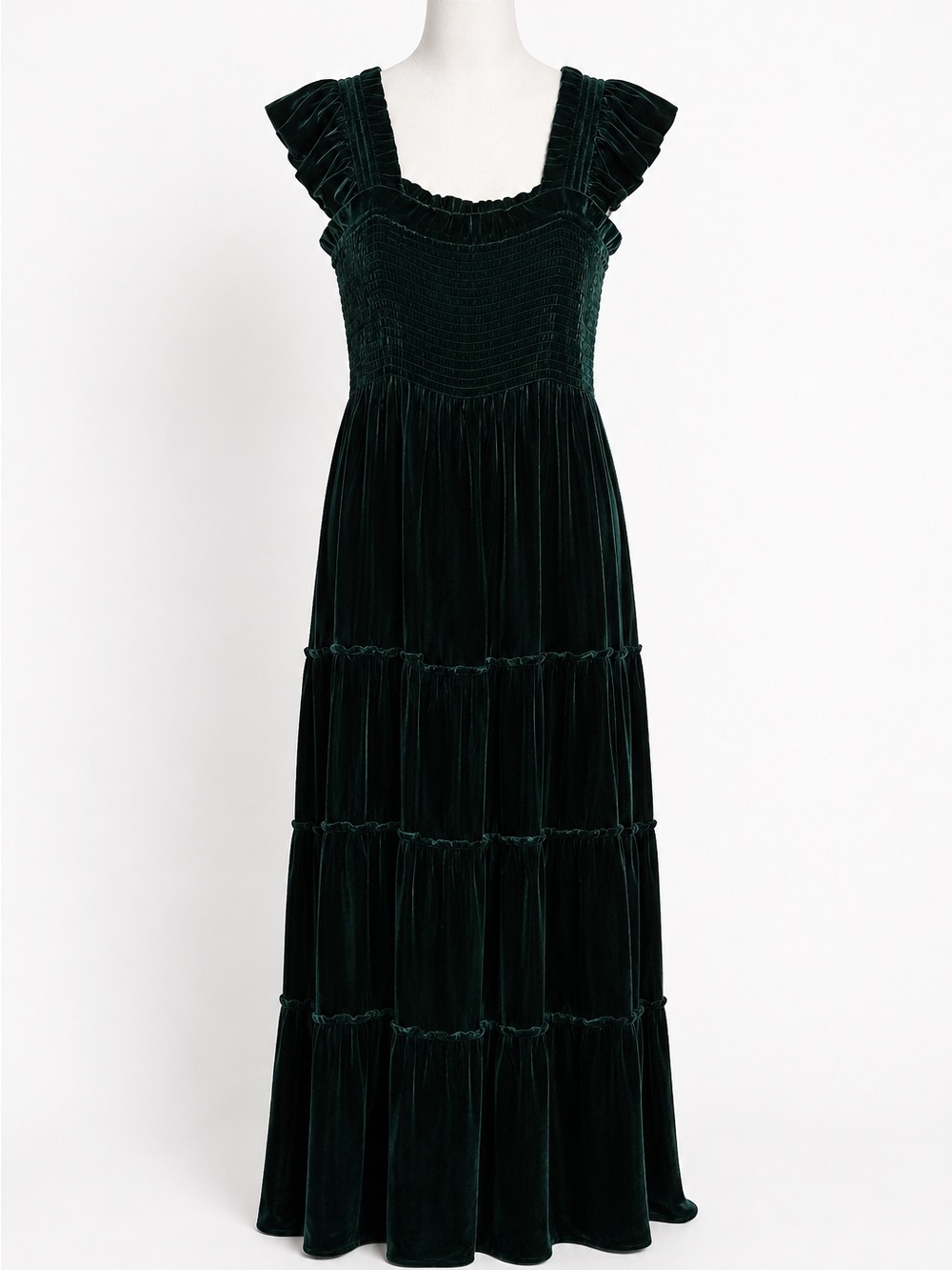 Hill House Velvet Ruffled Strap Midi Dress - Dark Green. Ellie Nap Dress (XS) - Picture 2 of 3
